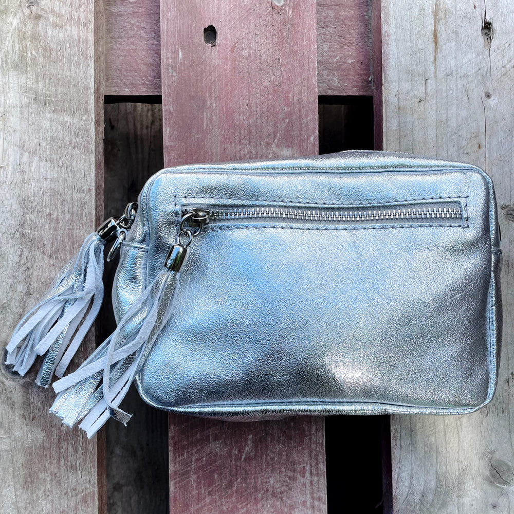 Agnes Metallic Tassel Leather Bag - Silver