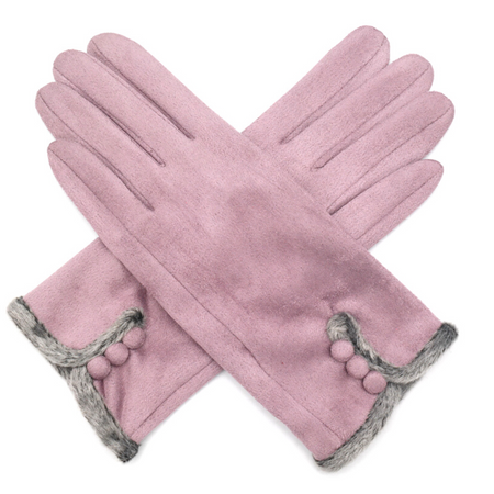 Faux Suede Fur Trim Button Gloves - Mauve