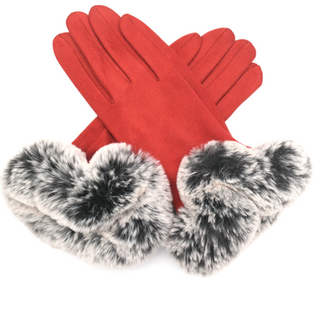 Faux Suede & Fur Gloves - Burnt Orange