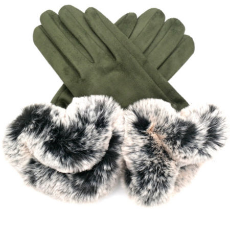 Faux Suede & Fur Gloves - Olive