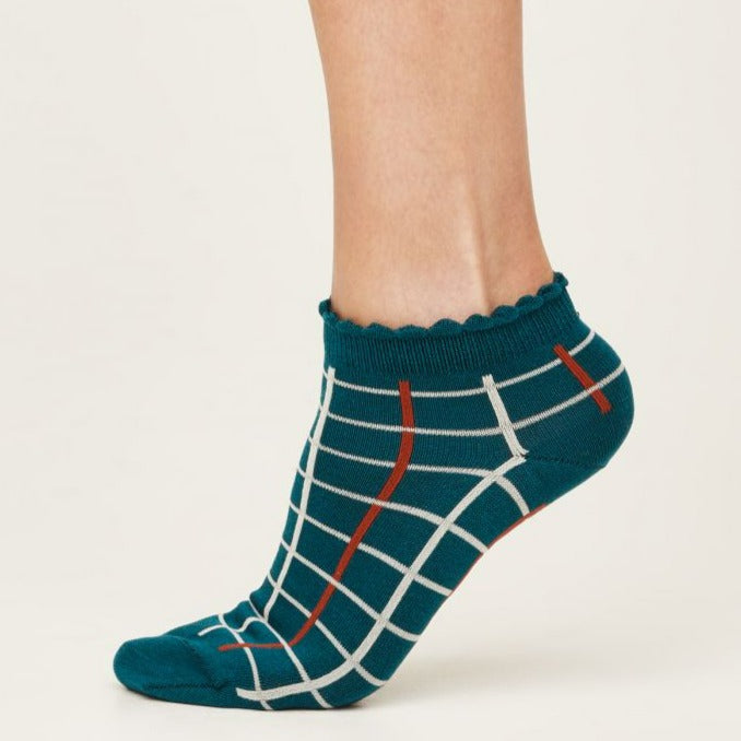 Contrast Check Trainer Bamboo Socks - Lagoon Blue