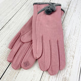 Faux Suede Gloves With Pompom Buttons - Pink
