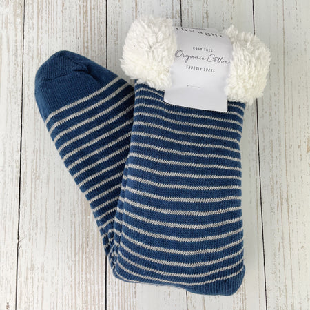 Blaise Stripe Organic Cotton Slipper Cabin Socks - Blue Slate