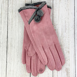 Faux Suede Gloves With Pompom Buttons - Pink