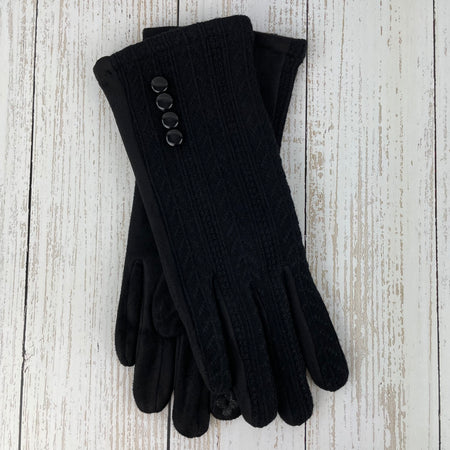 Faux Suede Gloves With Button Detail - Black