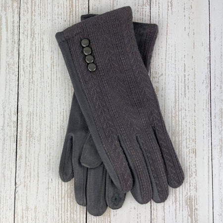 Faux Suede Gloves With Button Detail - Dark Grey
