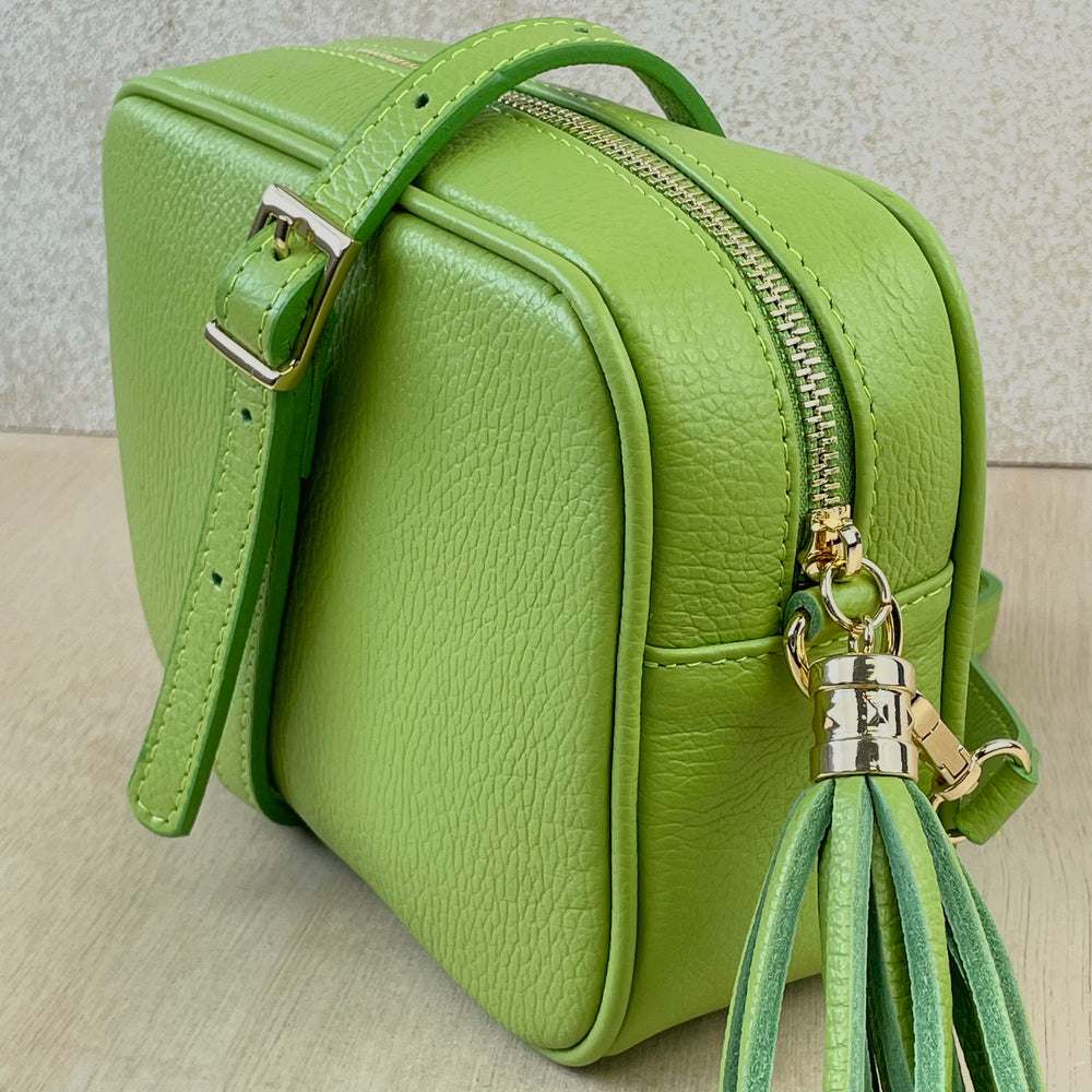 Leather Crossbody Camera Bag - Lime Green