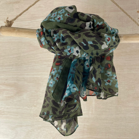 Felicity Floral Leopard Print Scarf - Khaki