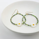 Daisy Hoop Drop Earrings - Green