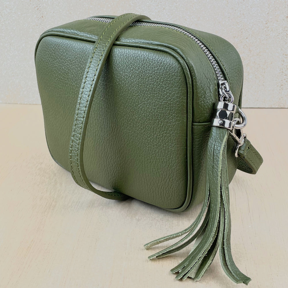 Leather Crossbody Camera Bag - Olive Green
