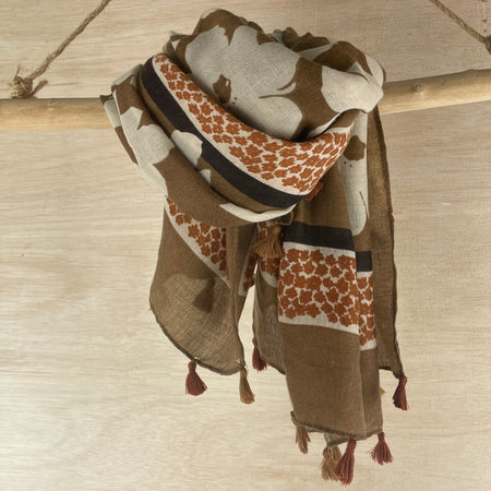 Floral Periwinkle Tassel Scarf - Mustard