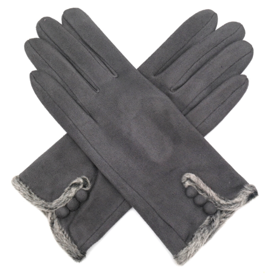 Faux Suede Fur Trim Button Gloves - Dark Grey