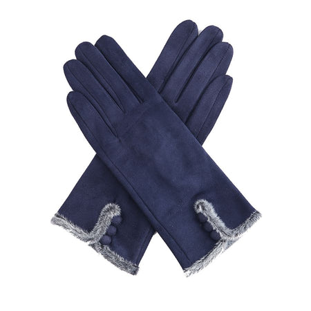 Faux Suede Fur Trim Button Gloves - Navy