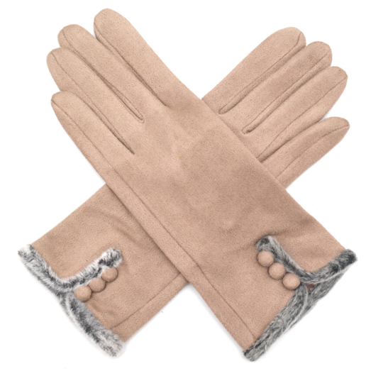 Faux Suede Fur Trim Button Gloves - Mocha