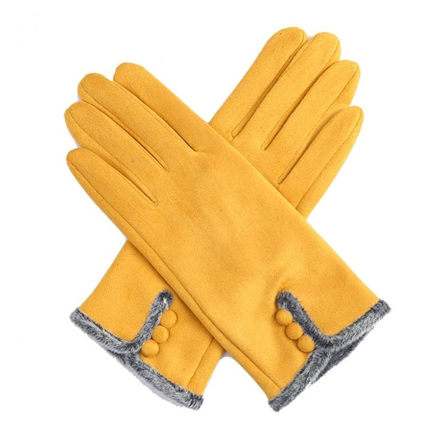 Faux Suede Fur Trim Button Gloves - Mustard