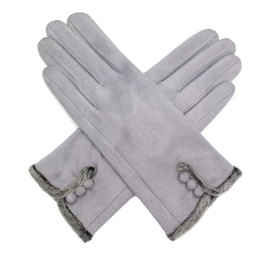 Faux Suede Fur Trim Button Gloves - Light Grey