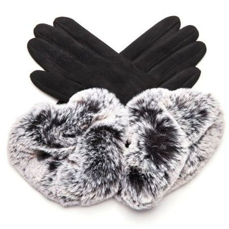 Faux Suede & Fur Gloves - Black