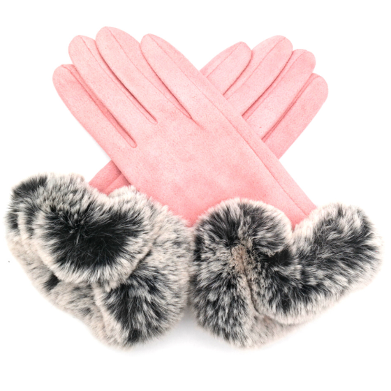 Faux Suede & Fur Gloves - Pink