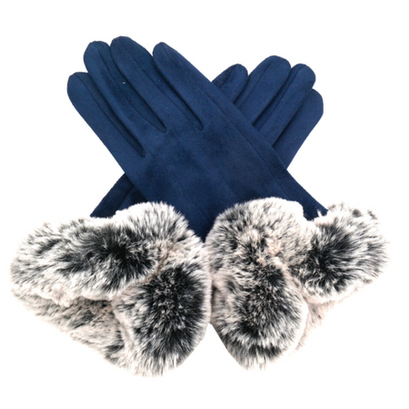 Faux Suede & Fur Gloves - Navy