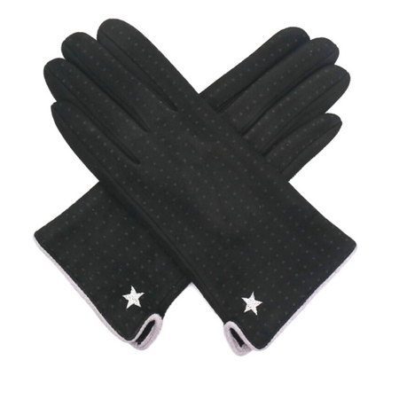 Faux Suede Gloves With Star Detail - Black