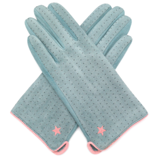 Faux Suede Gloves With Star Detail - Duck Egg