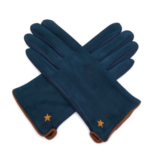 Faux Suede Gloves With Star Detail - Navy