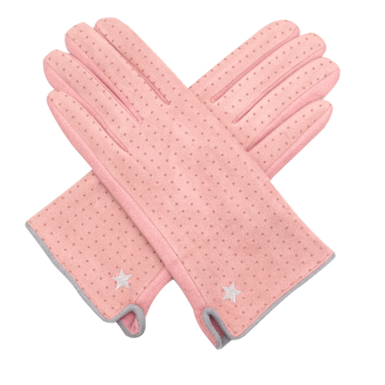 Faux Suede Gloves With Star Detail - Light Pink
