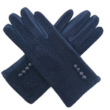 Faux Suede Gloves With Button Detail - Navy