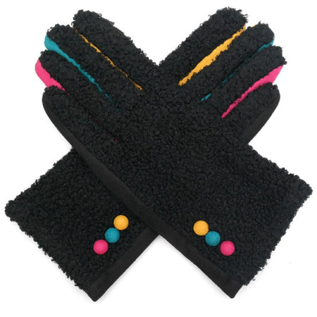 Super Fluffy Gloves With Button Detail - Black
