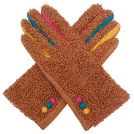 Super Fluffy Gloves With Button Detail - Brown