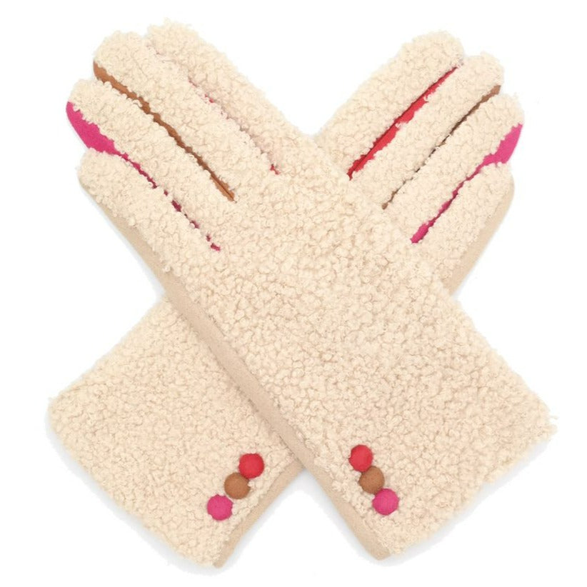 Super Fluffy Gloves With Button Detail - Cream