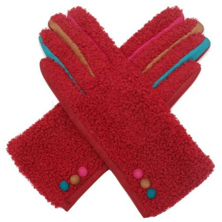 Super Fluffy Gloves With Button Detail - Red