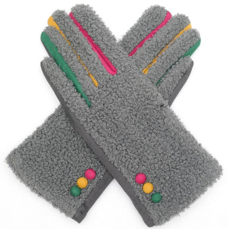 Super Fluffy Gloves With Button Detail - Grey