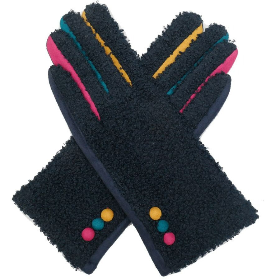 Super Fluffy Gloves With Button Detail - Navy
