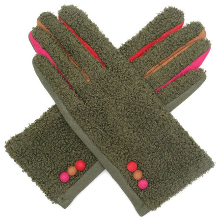 Super Fluffy Gloves With Button Detail - Olive