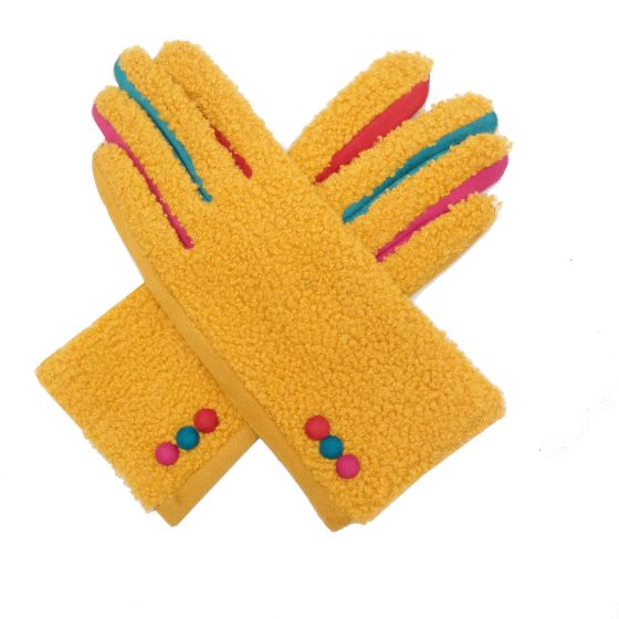 Super Fluffy Gloves With Button Detail - Mustard