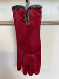 Faux Suede Fur Trim Button Gloves - Red
