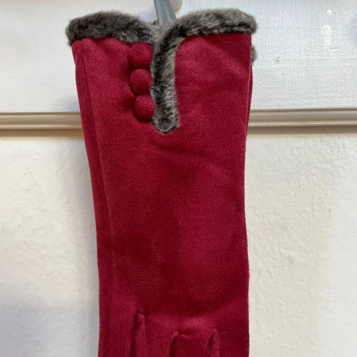 Faux Suede Fur Trim Button Gloves - Red