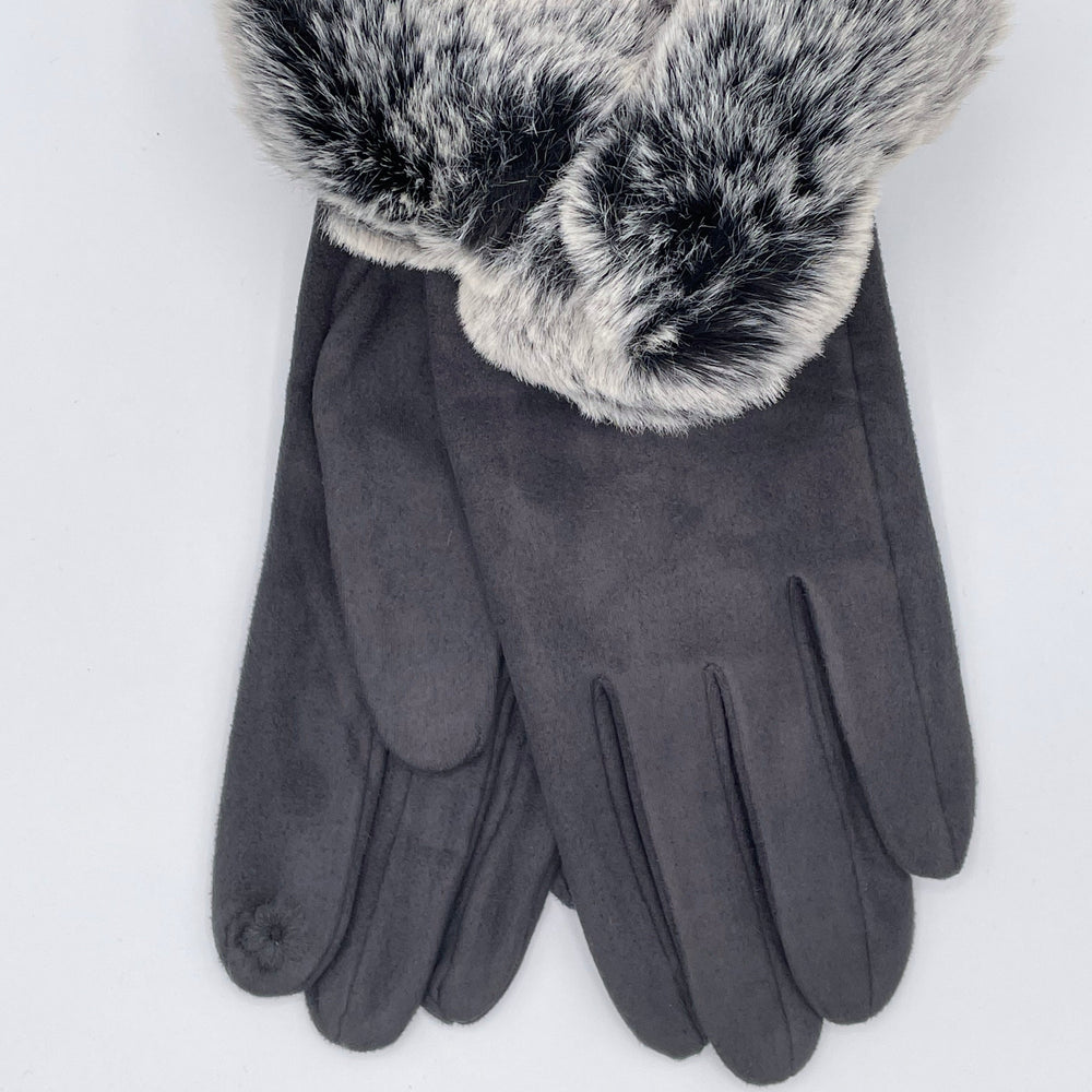 Faux Suede & Fur Gloves - Grey