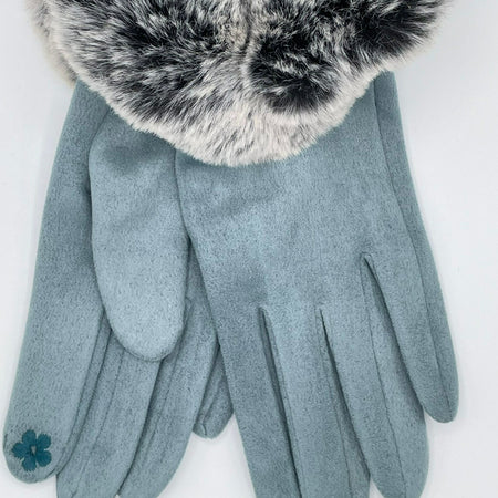 Faux Suede & Fur Gloves - Duck Egg